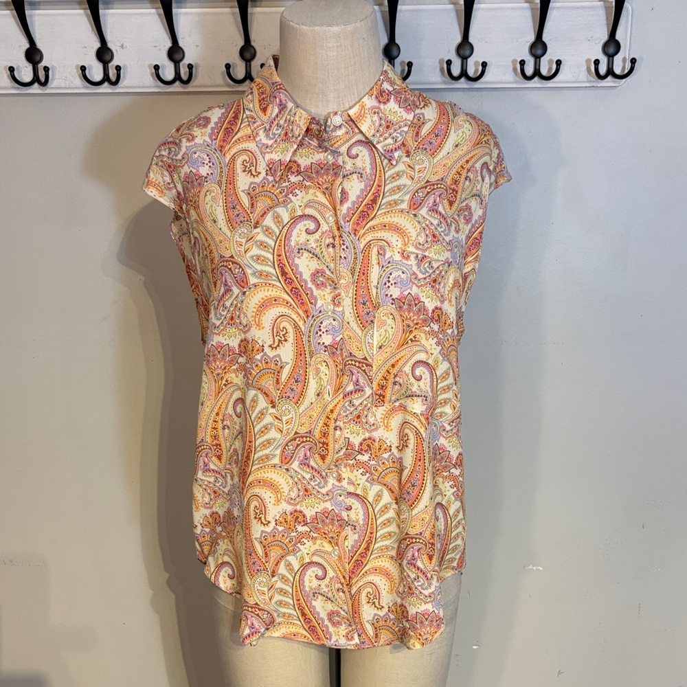 Mango Paisley Cap Sleeve Blouse - Pink, Orange, Cream NWT size small